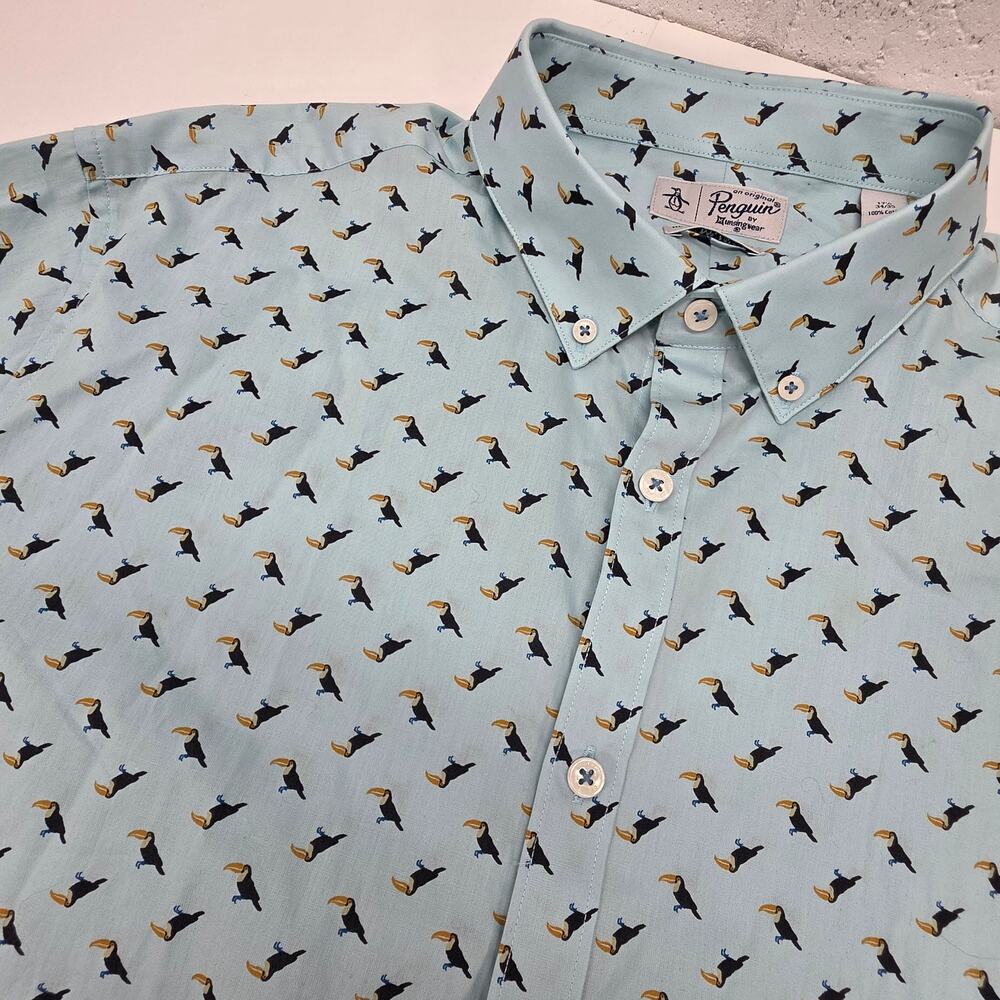 Original Penguin Slim Fit Stretch Toucan Print Shirt Men's 17.5 Blue 34/35